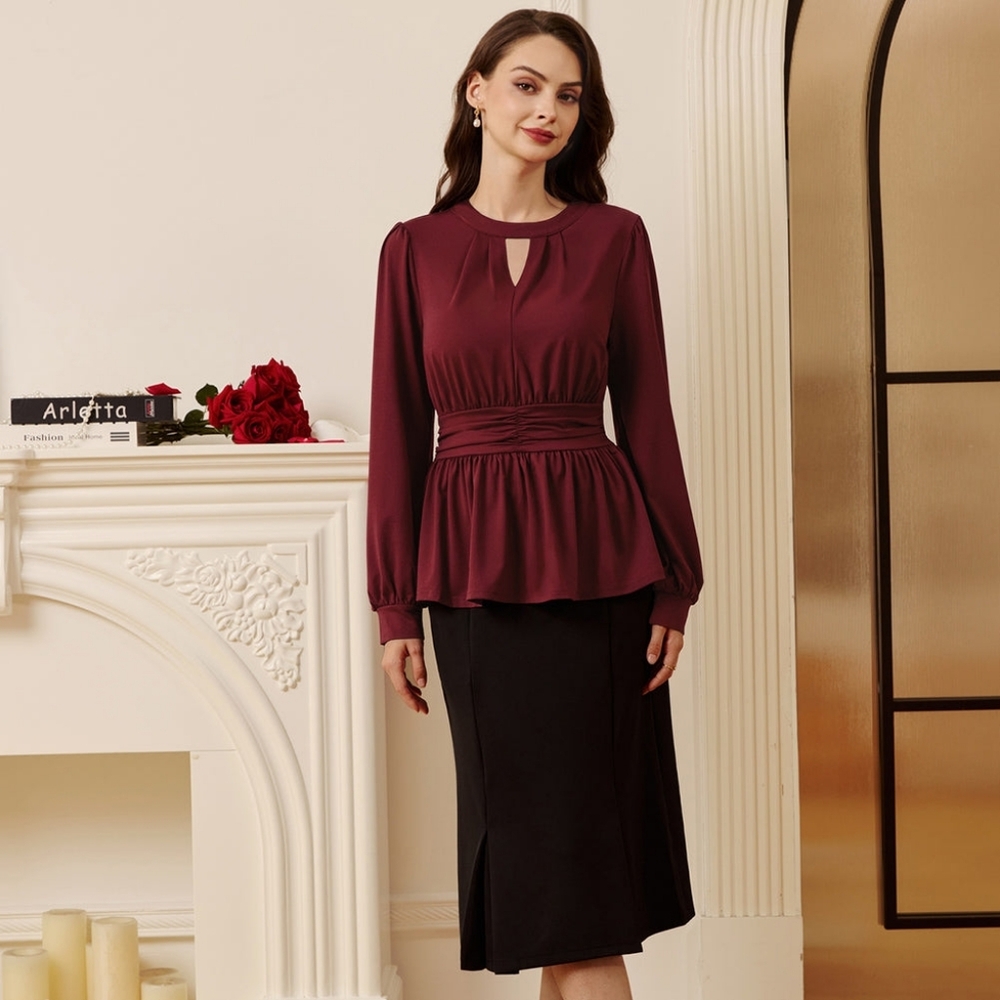 NWT - Belle Poque Retro Defined Waist w Lantern Sleeves Crew Neck Wine Top - XL